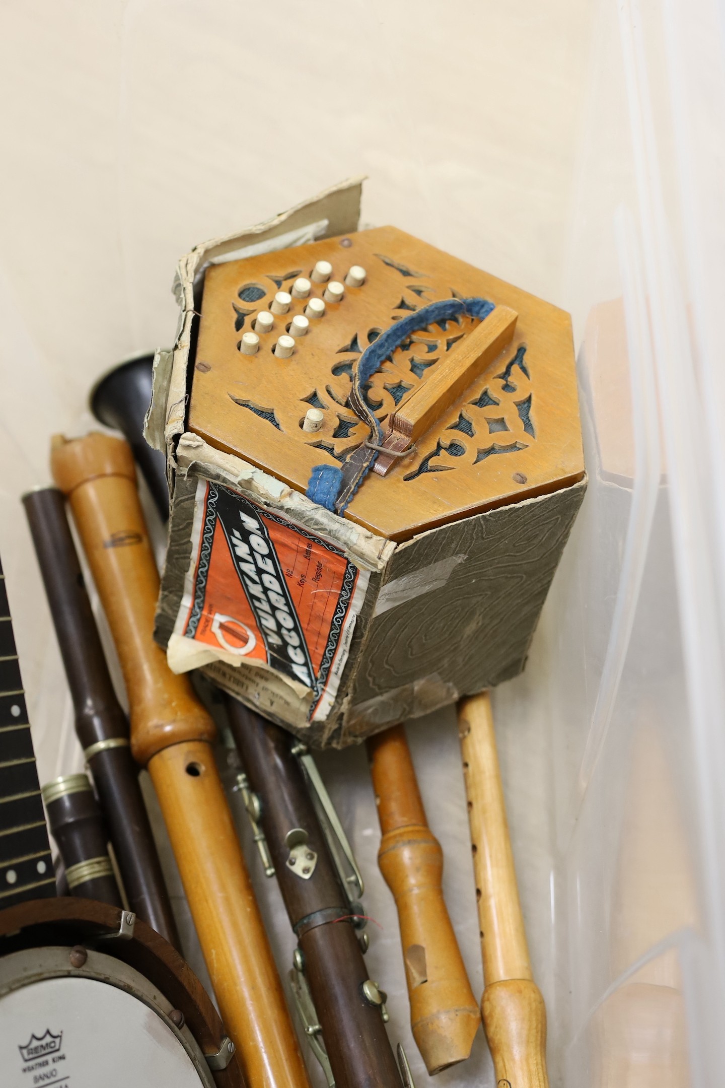Accordian, clarinet, banjo, recorders